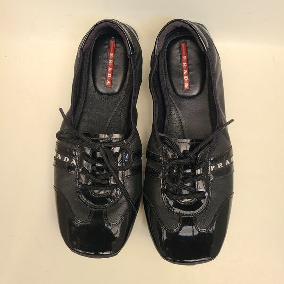 Prada Sport Black Patent Leather Lace Up Ballet Sneakers EU 37.5 US 7 - Picture 2 of 16
